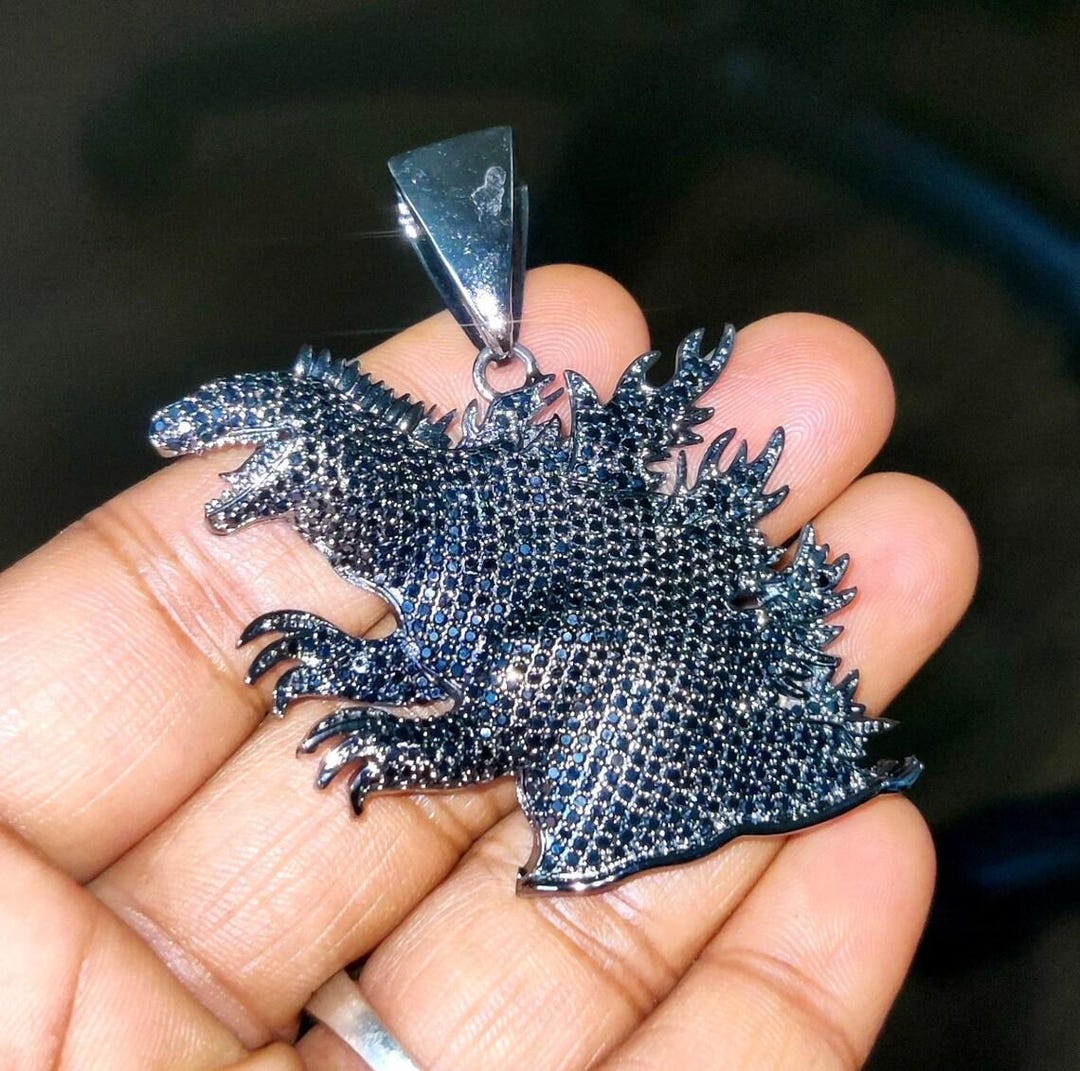 Simulated Black Onyx Diamond Godzilla Pendant: 925 Sterling Silver