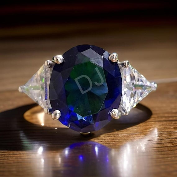 Sapphire Three Stone Ring Oval Cut Simulated Blue Sapphire