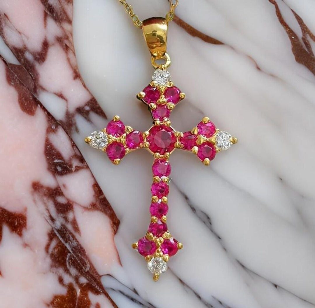 Red Ruby Cross Pendant: 14K Yellow Gold Plated Hip Hop Necklace - Etsy