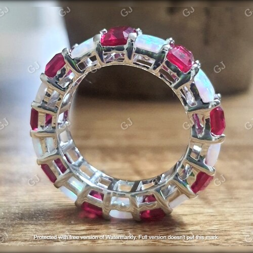 4Ct Radiant Cut Red Ruby & Fire Opal Multi Color 14K White Gold Finish Wedding Anniversary Band Ring, Birthday Gift, Ring For shops Her