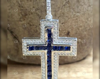 ブルーサファイアクロスペンダント、ホワイトダイヤモンドアクセント