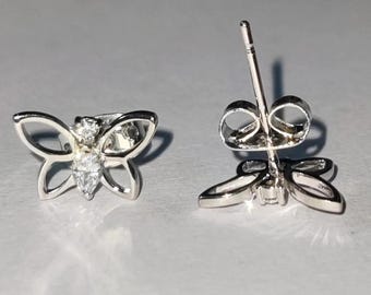 Moissanite Butterfly Stud Earrings: 14K White Gold Plated Sterling Silver