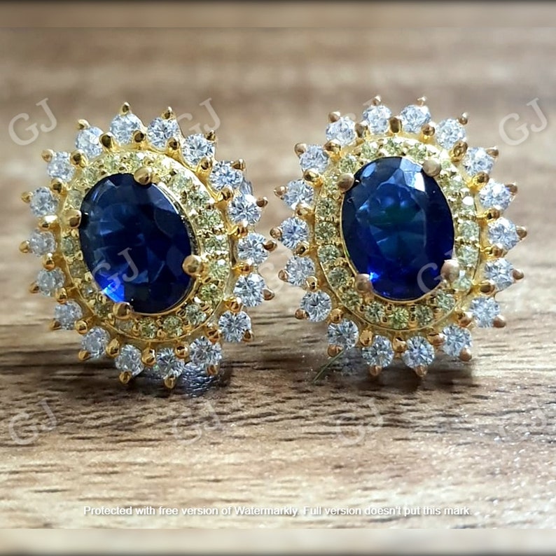 3.50Ct Oval Cut D/VVS1 Sapphire shops & Diamond Double Halo Stud Earrings 14K Yellow Gold Finish Engagement, Wedding, Anniversary , Birthday Gift