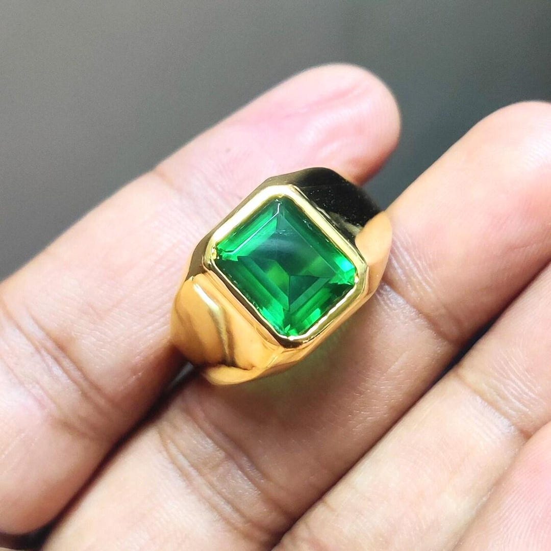 Emerald Cut Simulated Emerald Ring: 14K Yellow Gold Plated Silver
