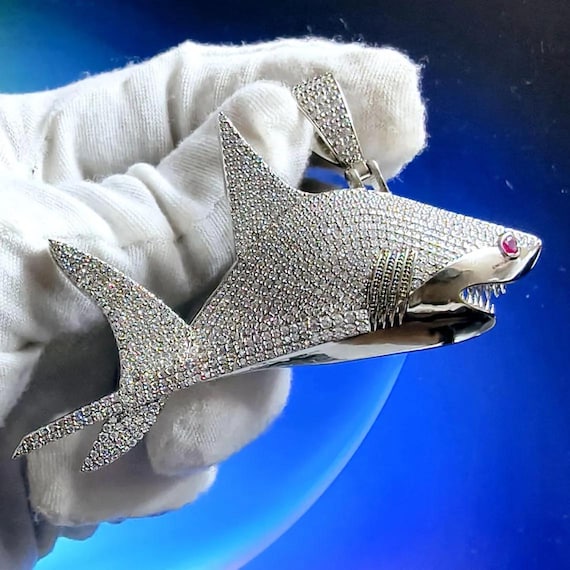 Iced Out Shark Pendant Necklace: VVS Diamond, White Gold Finish