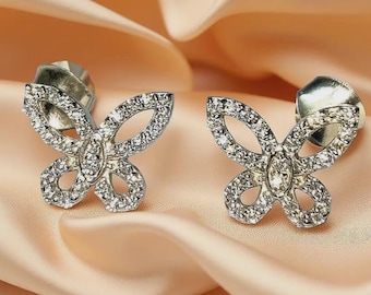 Moissanite Butterfly Stud Earrings: 14K White Gold Plated Sterling Silver