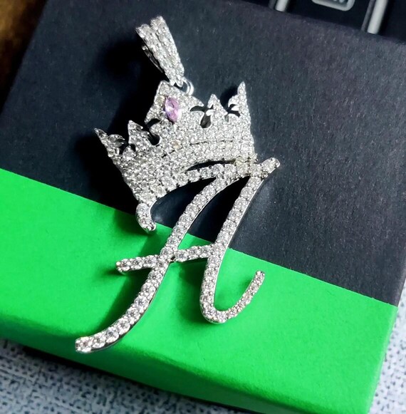 Custom Initial Crown Pendant: Simulated Diamond, 14K White Gold