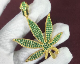 Emerald Marijuana Leaf Pendant, 14K Yellow Gold Finish, 18" Chain