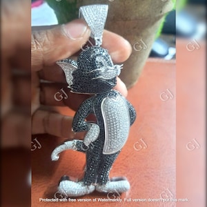 5Ct Round Cut Black & White Diamond Cartoon Tom Pendant 14K White Gold Finish with 18 "Free Chain Anniversary, Boda, Regalo de cumpleaños