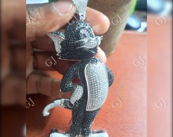 5Ct Round Cut  Black & White Diamond Cartoon Tom Pendant 14K White Gold Finish With 18&quot; Free Chain Anniversary, Wedding, Birthday Gift