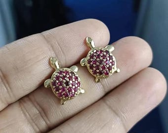Red Ruby Turtle Earrings: 14K Yellow Gold Finish Sterling Silver