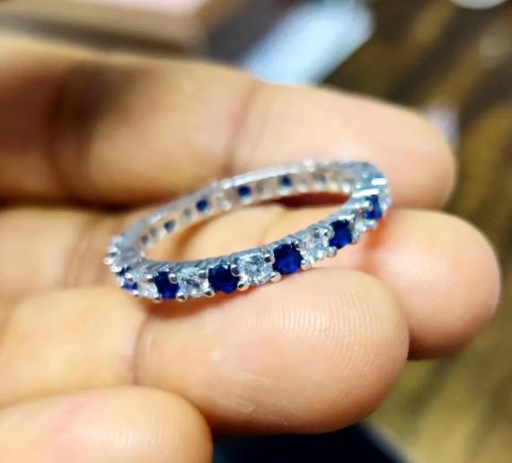 Sapphire Wedding Band Ring Round Simulated Blue Sapphire Diamond