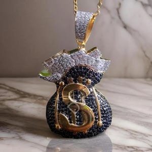 Ciondolo a forma di sacchetto di denaro in dollari, taglio rotondo, ciondolo con diamante nero simulato, argento 925 placcato oro bicolore 14K, ciondolo Hip Hop a sacchetto di denaro