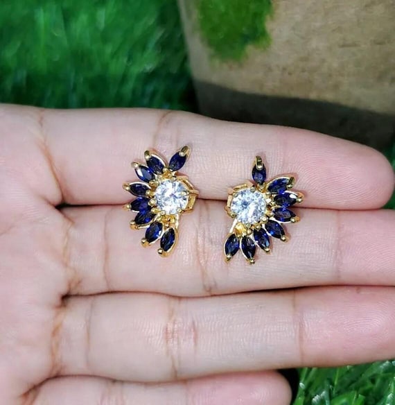Sapphire Flower Stud Earrings: Marquise Cut, 14K Gold Plated