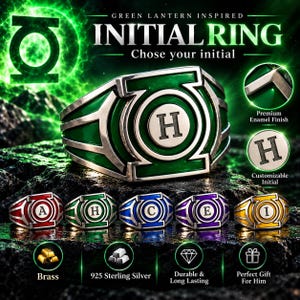 May include: A silver-toned ring featuring a circular emblem with a central letter H, accented by green enamel. The design includes a band with cut-out details. Additional rings are shown in red, green, blue, purple, and yellow with letters A, H, C, E, and I.