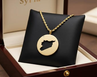 Syrien Karte Halskette: Gold Messing Rund Anhänger, 24 mm, 18-Zoll-Kette