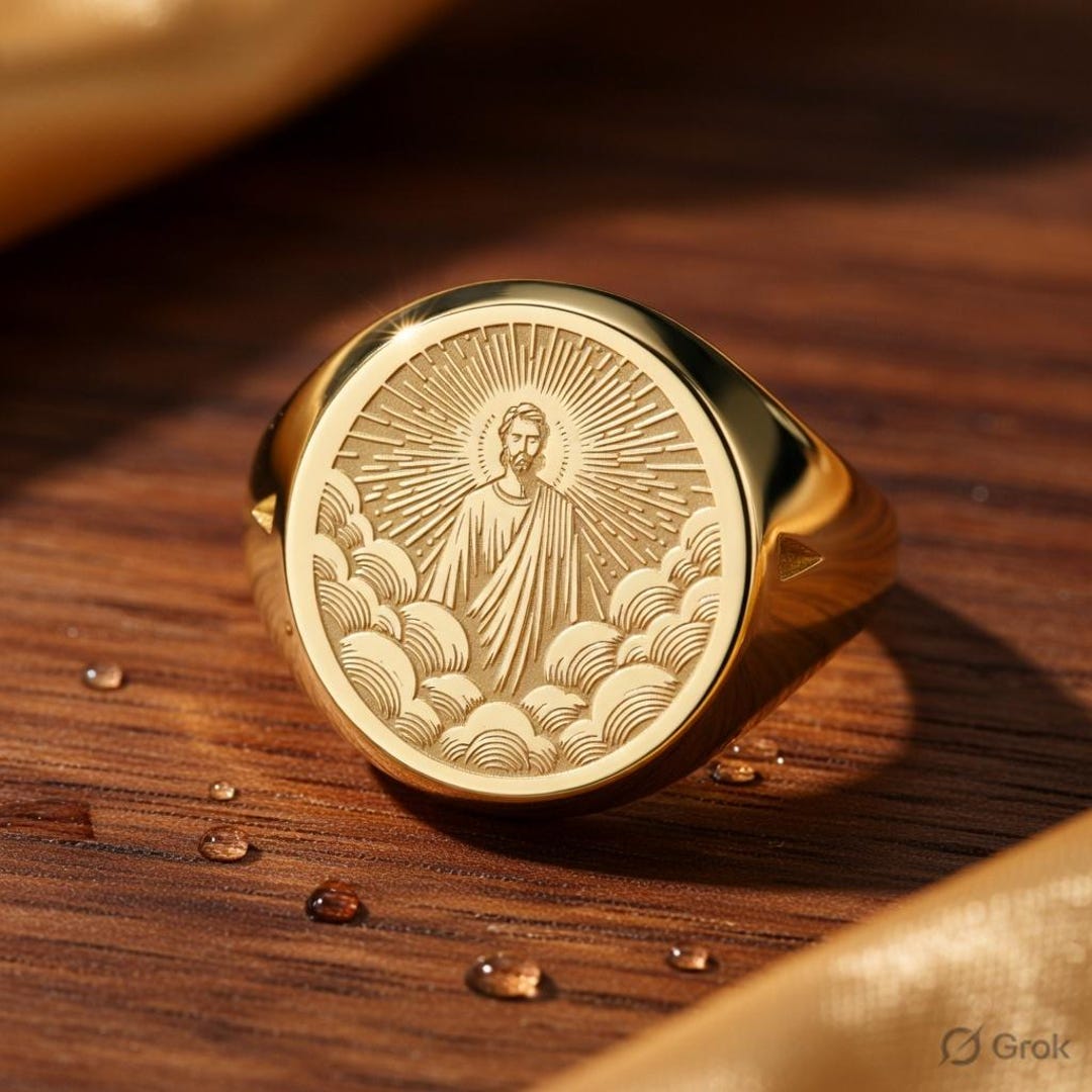 Jesus Christ Signet Ring Gold Tone Brass Divine Light Engraved ...