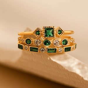 Dainty Emerald Ring Set - - Green Gemstone Ring - Diamond Stacking Rings - Anniversary Gift -