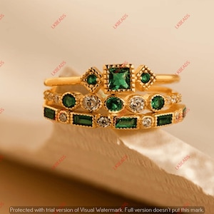 Emerald Ring in Gold | Dainty Emerald Ring Set | Green Gemstone Ring | Diamond Stacking Rings | Anniversary Gift | | Gem Color: Green |