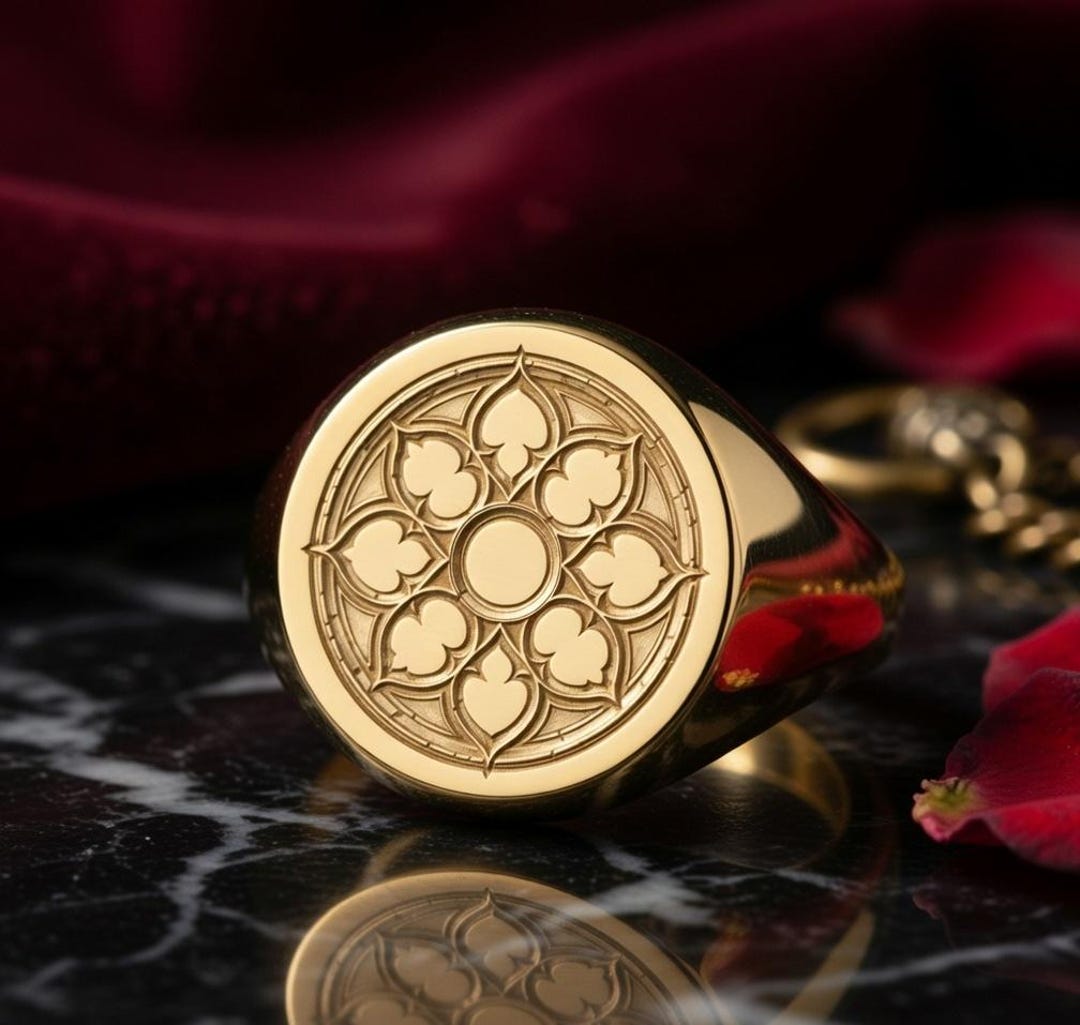 Signacula Rings Gold Tone Brass Mandala Signet Ring: Sacred Geometry Floral Engraved ...