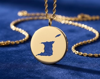 Trinidad Map Necklace: Gold Brass Round Pendant, 24mm State Outline Jewelry
