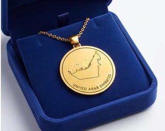 Gold Plated UAE Map Pendant Necklace, Brass Travel Keepsake Jewelry