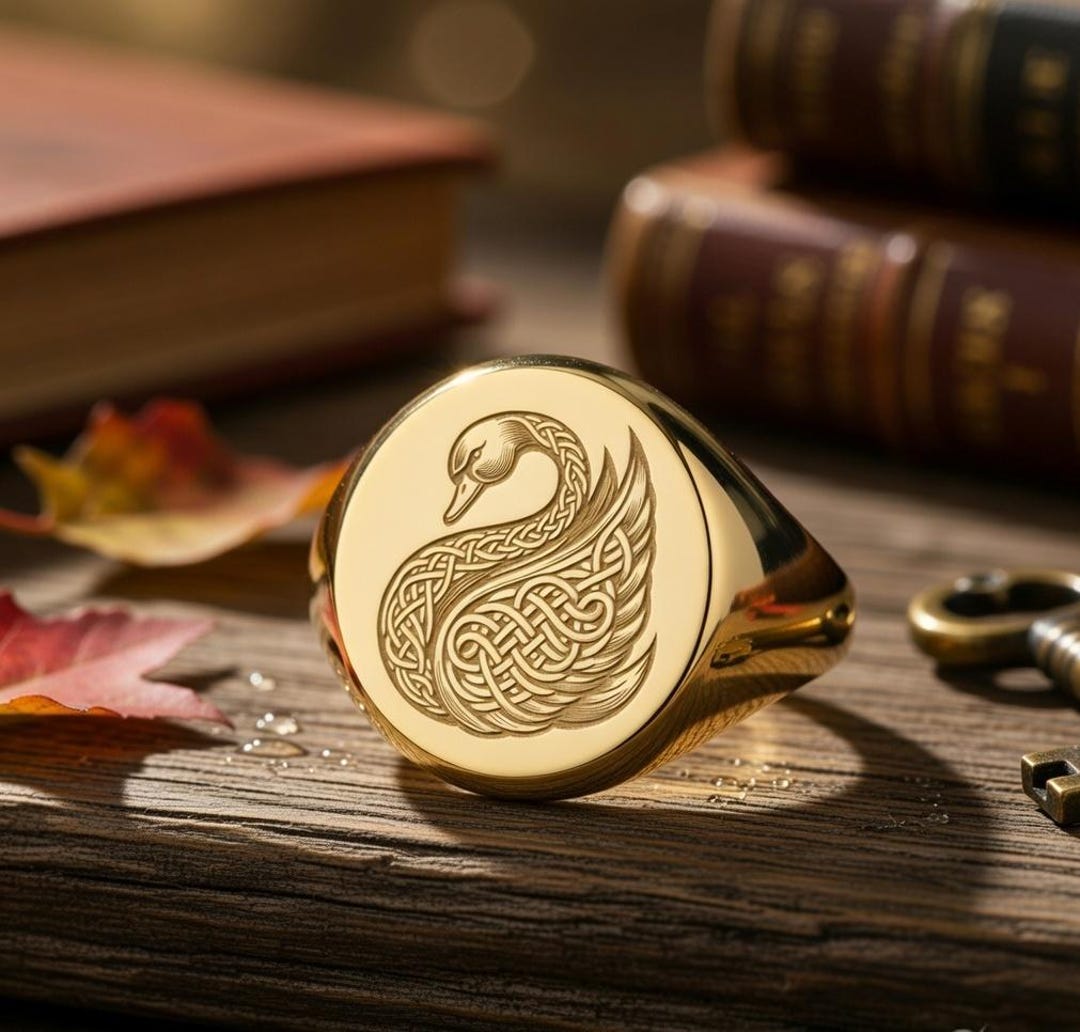 Celtic Swan Signet Ring Gold Tone Brass Knot Engraved Love Symbol Boho ...
