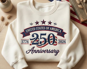 Sweat-shirt brodé 250e anniversaire des États-Unis, Amérique 1776-2026 col rond, chemise patriotique du 4 juillet