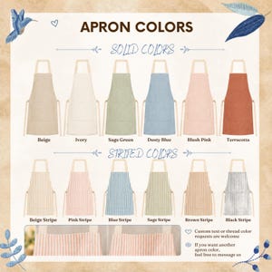 May include: Apron color options are displayed, including solid colors like beige, ivory, sage green, dusty blue, blush pink, and terracotta. Striped aprons feature beige, pink, blue, sage, brown, and black stripes. Text reads "APRON COLORS".