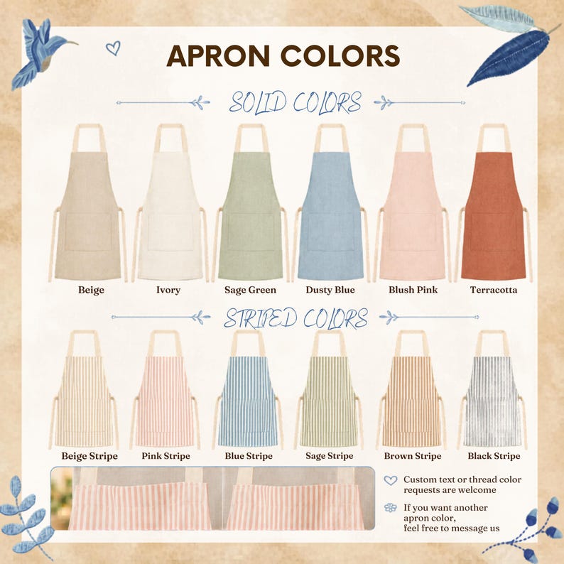 May include: Apron color options are displayed, including solid colors like beige, ivory, sage green, dusty blue, blush pink, and terracotta. Striped aprons feature beige, pink, blue, sage, brown, and black stripes. Text reads "APRON COLORS".