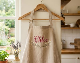 Personalized Floral Name Embroidered Apron, Daisy Baking Apron, Mother’s Day Gift from Daughter
