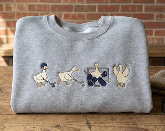 Embroidered Duck Hockey Sweatshirt, Funny Hockey Lover Gift, Cute Duck Crewneck