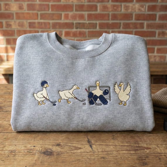 Embroidered Duck Hockey Sweatshirt, Funny Hockey Lover Gift, Cute Duck Crewneck