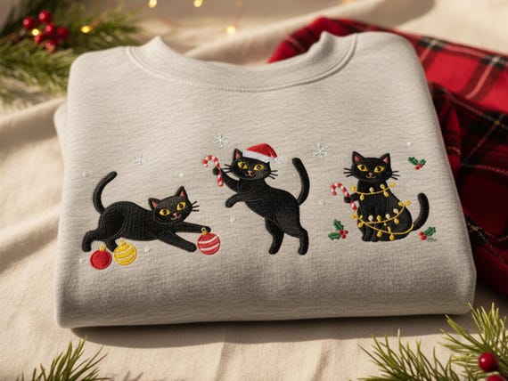 Embroidered Christmas Cat Sweatshirt – Cute Holiday Crewneck Gift for Cat Lovers
