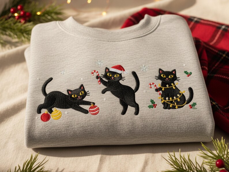 May include: A light gray sweatshirt featuring embroidered black cats with yellow eyes, decorated for Christmas. One cat plays with ornaments, another holds a candy cane, and the third is adorned with lights. Festive holiday apparel.