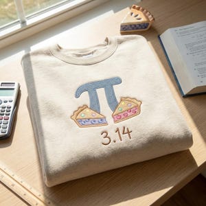 以下が含まれることがあります： ベージュ色のスウェットシャツ。青色の刺繍でPiの記号と2つのパイのスライスがデザインされています。「3.14」の数字が刺繍されています。電卓、定規、教科書が背景に見えます。