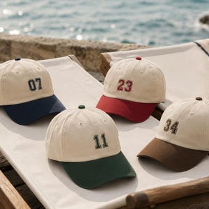 Custom Number Embroidered Hat, Two Tone Baseball Cap, Varsity Number Dad Hat, Beach Vacation Cap