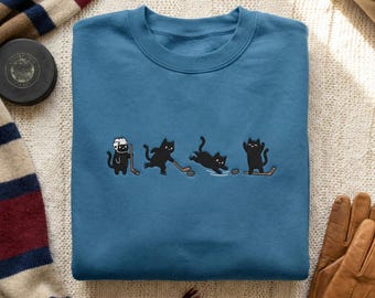 Cat Hockey Embroidered Sweatshirt, Funny Black Cat Lover Shirt, Hockey Coach Gift