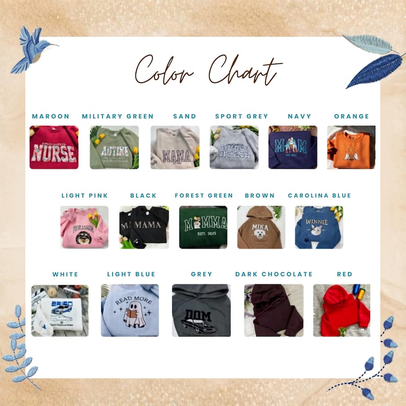 May include: A color chart showcasing various sweatshirt designs in a range of colors, including maroon, military green, and navy. Each sweatshirt features embroidered text or graphics, such as "NURSE" and "MAMA". The chart includes a variety of colors like light pink, black, and red.