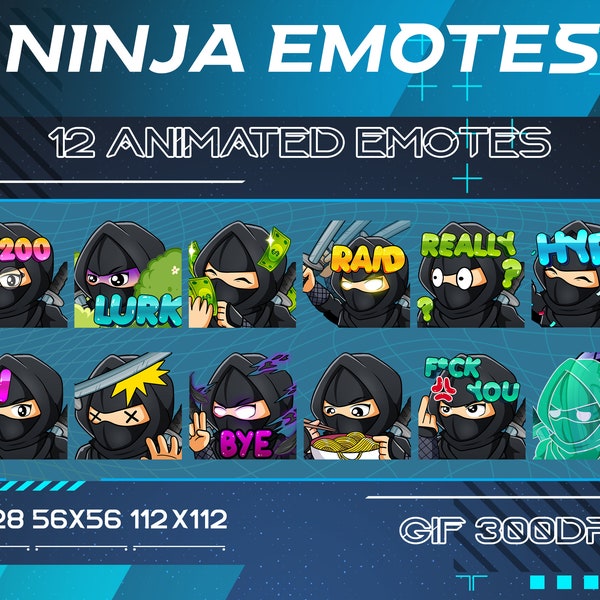 12 Black Ninja Twitch Animierte Emotes Pack, japanische Ninja animierte Youtube Discord Emotes, Hallo, Fuck, Bye Black Ninja Emotes für Streamer