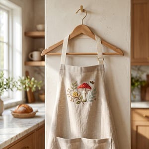 May include: Beige apron with a whimsical embroidered design featuring a red and white mushroom, a snail, and a bee. The apron has a wooden hanger and is hanging on a wall. The kitchen apron has two pockets.