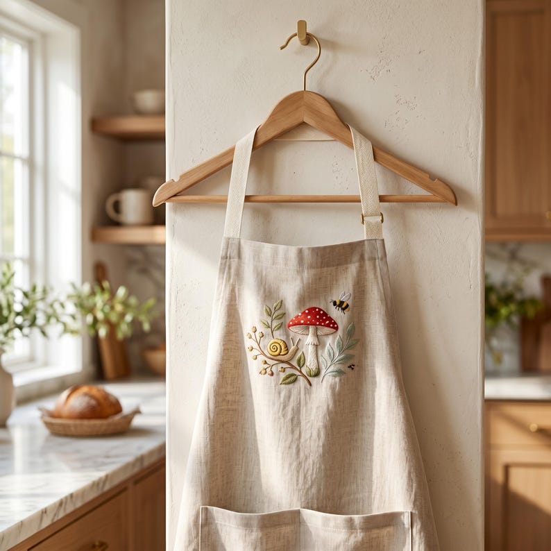 May include: Beige apron with a whimsical embroidered design featuring a red and white mushroom, a snail, and a bee. The apron has a wooden hanger and is hanging on a wall. The kitchen apron has two pockets.