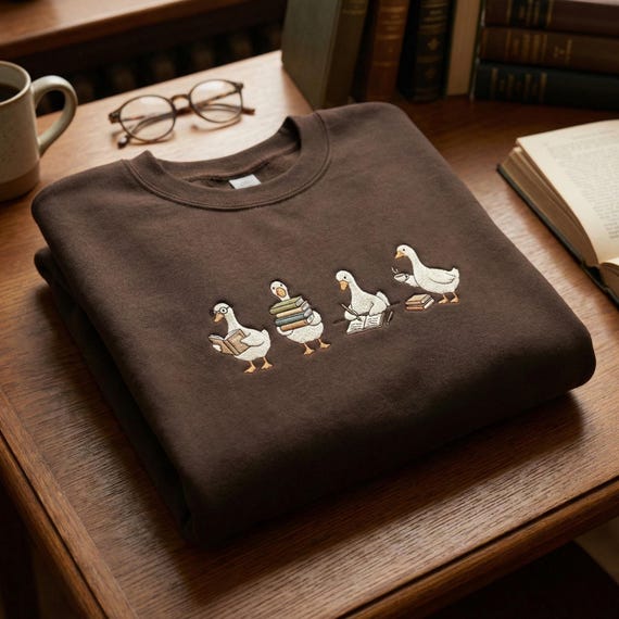 Embroidered Book Duck Sweatshirt, Book Lover Crewneck, Library Animal Shirt