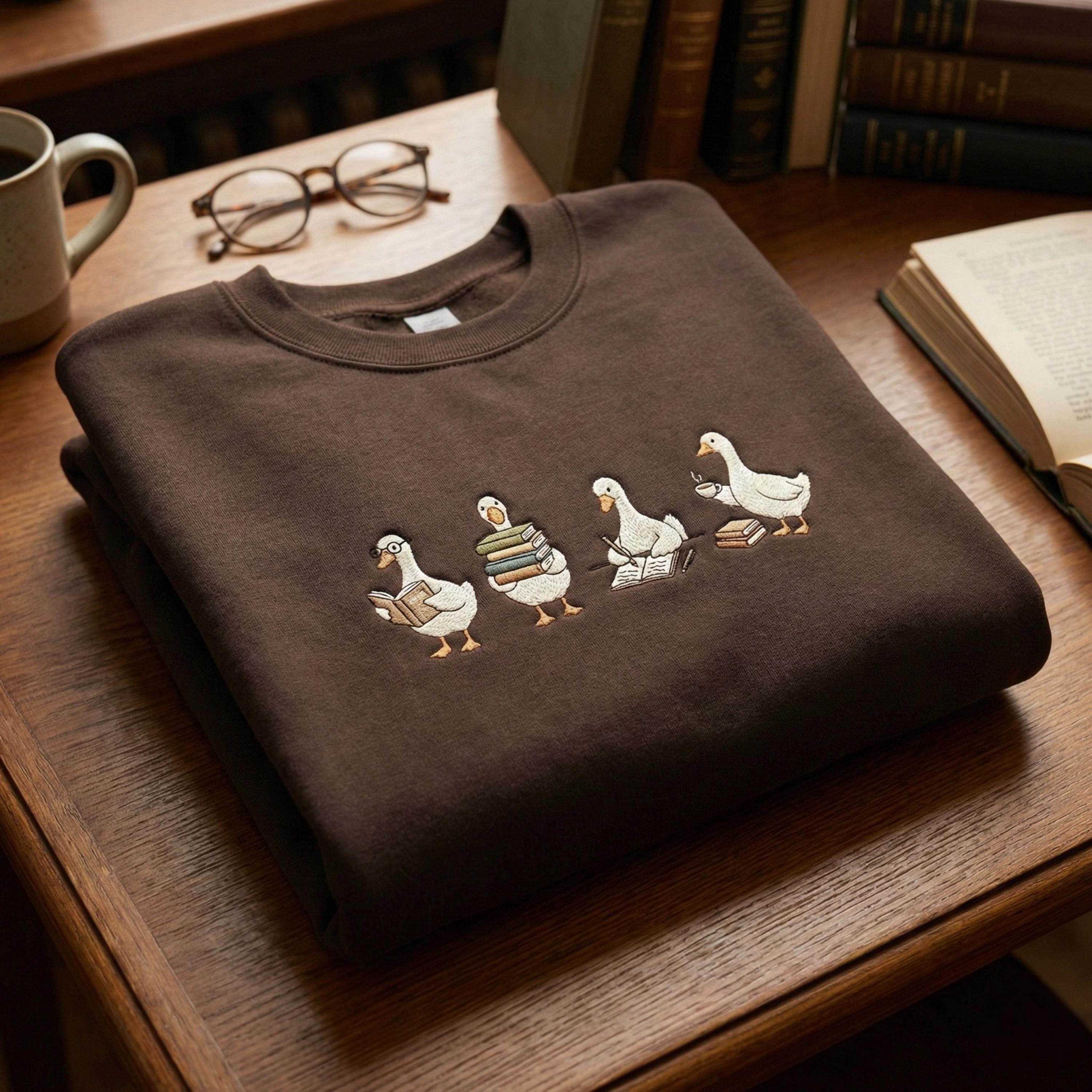Embroidered Book Duck Sweatshirt, Book Lover Crewneck, Library Animal Shirt