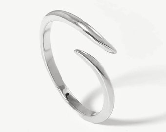 14K White Gold Dainty Open Ring - Adjustable Minimalist Wrap Ring - Elegant Gift for Her