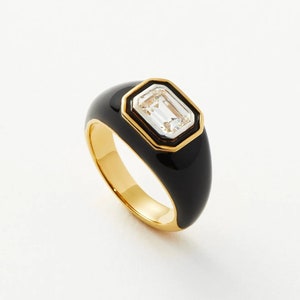 Bague dôme en émail noir plaqué or jaune 18 carats Bague minimaliste en émail CZ taille émeraude Bague en émail en argent sterling 925 Bague en émail noir