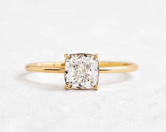 Bague solitaire en moissanite taille coussin, or de fiançailles jaune massif 14 carats, bague de fiançailles en moissanite