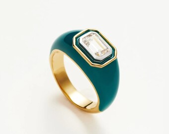 Green Enamel Ring, 18K Yellow Gold Plated Ring, Emerald Cut CZ Enamel Ring, 925 Sterling Silver Enamel Ring, Gifts for Her