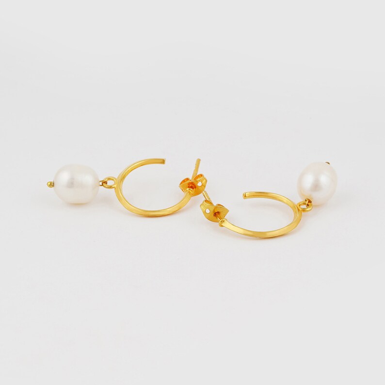 Pearl Hoop Earrings, Minimalist Pearl Earrings, Freshwater Pearl Drop Earrings, Classic Pearl Earrings, Pearl Dangle Earrings, Gift for Her image 4