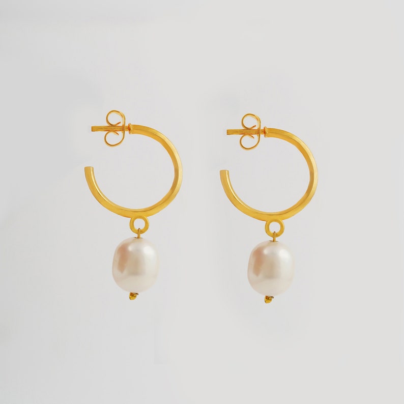 Pearl Hoop Earrings, Minimalist Pearl Earrings, Freshwater Pearl Drop Earrings, Classic Pearl Earrings, Pearl Dangle Earrings, Gift for Her image 2